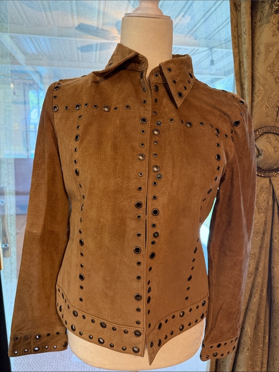 Tres Jolie Accessories Jackets & Blazers - Tres Jolie Accessories Brown Suede Eyelet-Trim Leather Jacket